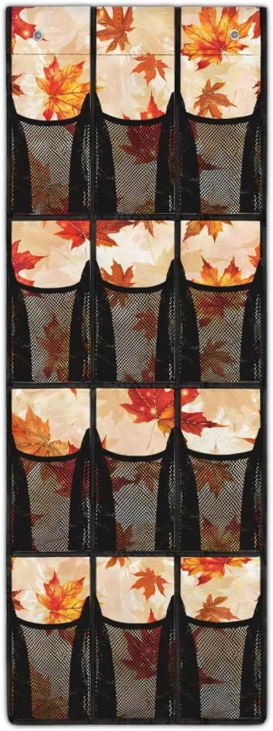 Fall for Maple Leaf Shoe Organizer Over The Door Mesh Fabric Door Hanging Shoe Organizer for Living Room,Easy to Install and Space Saving Wall Hanging Storage, 4 Metal Hook and 12 Pockets