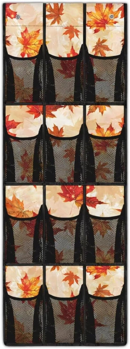 Fall for Maple Leaf Shoe Organizer Over The Door Mesh Fabric Door Hanging Shoe Organizer for Living Room,Easy to Install and Space Saving Wall Hanging Storage, 4 Metal Hook and 12 Pockets