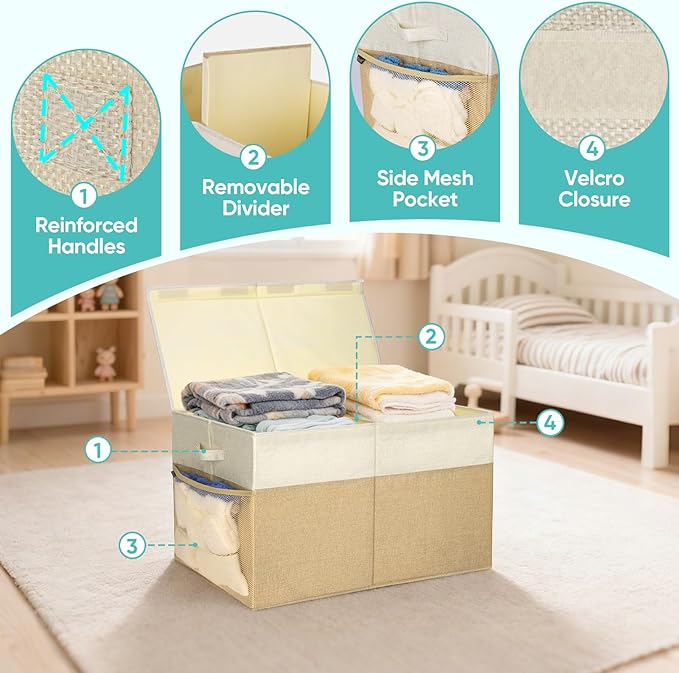 BALEINE Fabric Storage Bins with Lid, Collapsible Extra Large Storage Boxes Bins Baskets with Divider for Home Organizing (25"x13"x16", Grey)