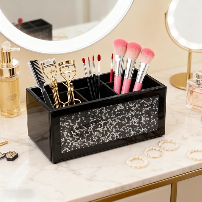 SHYFOY Black Makeup Brush Holder Organizer, 6 Slots Glass Makeup Cosmetics Organizers and Storage for Vanity Countertop