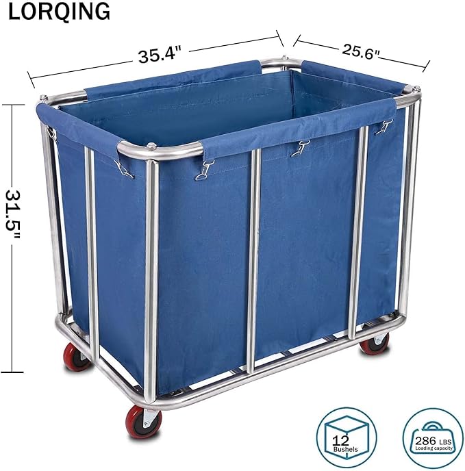 Laundry Cart Commercial/Home,12 Bushels Heavy Duty Large Stainless Steel Rolling Laundry Basket with Wheels for Hotel School Laundry，for Laundry/Sundries Organizer and Storage,286LBS Load