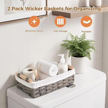 HomeHacks 2 Pack Storage Basket Paper Rope Baskets for Organizing with Handle Decorative Storage Bins for Countertop Toilet Paper Basket for Toilet Tank Top Small Baskets, Grey