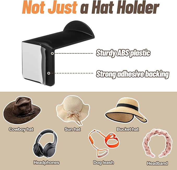 20 Pack Hat Hooks for Wall, 2.8‘’ Strong Adhesive Cowboy Hat Rack with Anti-Slip Teeth, Suitable Sun Hats, Fedora, Wide Brim Hats Organizer for Baseball Caps, Western Room Decor, Black
