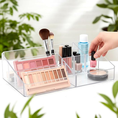 Acrylic Cosmetic Organizer, Transparent Plastic Makeup Holder, Compartmented, Shatter-Proof, Perfect Bathroom Vanity Storage Solution for Beauty Supply, Large