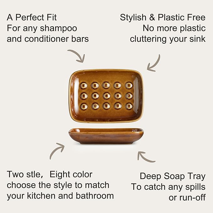 Miamolo Soap Dish for Shower, Ceramic Soap Dish for Bar Soap Sponge, Soap Holder Saver Tray for Bath Kitchen Sink Bathtub, Farmhouse Decor, Raised Pattern - Keep Soap Dry, Dark Brown
