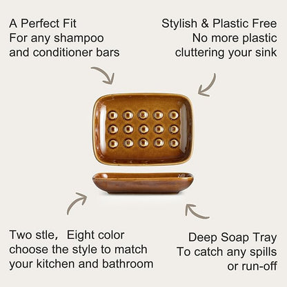 Miamolo Soap Dish for Shower, Ceramic Soap Dish for Bar Soap Sponge, Soap Holder Saver Tray for Bath Kitchen Sink Bathtub, Farmhouse Decor, Raised Pattern - Keep Soap Dry, Dark Brown