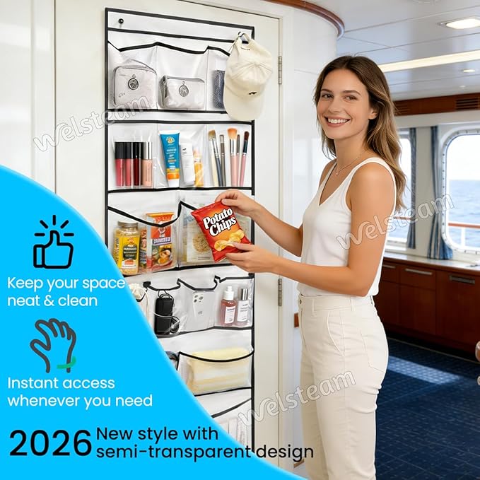 Cruise Ship Magnetic Door Organizer, Over The Door Organizer For Cruise Ships, Magnetic Shoe Rack with 2 Strong Anti-Scratch Magnets & Durable Pockets To Store Cruise Essentials (White)
