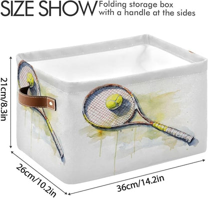 Large Storage Basket Tennis Ball Storage Bin Cube Canvas Fabric Organizer Handles Collapsible for Clothes Toys Bedroom Decorative