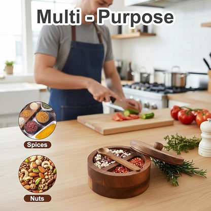 2pcs Acacia Wood Salt and Pepper Bowl 12 oz Salt Cellar with Swivel Lid & Spoon SaltContainer Holder Elegant Seasoning Bowl Container for Kitchen Storage Spice Favorite Seasonings