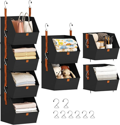 Homsorout Hanging Closet Organizer 4 Tier - Clothes Hanging Shelves, Space-Saving Closet System, Fabric Storage Bins Bedroom Organization, Collapsible Baskets for Home, Dorm, Rv, Black