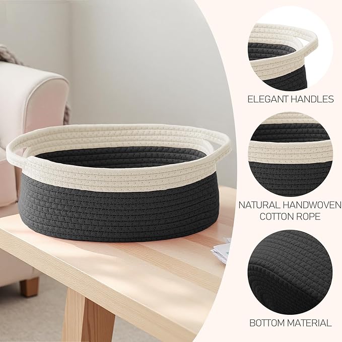 JMvicyroam Woven Basket,Small Rope Storage Bin with Handles & Ribbon Bag, Organizer for Shelves Closets,Gift Basket Empty for Birthday,Books,Dog Toys, White&Black