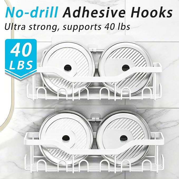 Fammart Adhesive Shower Caddy, 5-Pack Rustproof Stainless Steel Bathroom Organizer with 28 Hooks, No-Drill Large Capacity Shower Shelves for Bathroom Storage & Home Décor, White