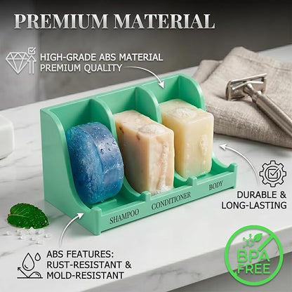 Soap Holder for Shower Wall, 3-Compartment Soap Dish for Shampoo, Conditioner and Body Soap, Fast Draining & Rust-Proof & Heavy Duty, Ultra-Strong Self Adhesive & Freestanding (Mint Green, Label)