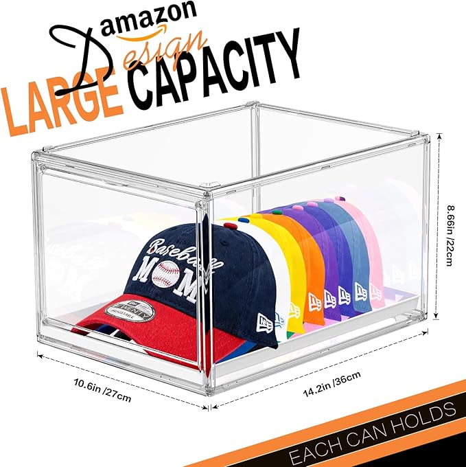 Hat Organizer Box for Baseball Cap, Stackable Hats Storage Container with Sliding Tray Drawer, Large Caps Display Case with Magnetic Door for Closet 16-20 Hats 2Pack Clear