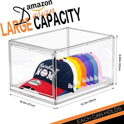 Hat Organizer Box for Baseball Cap, Stackable Hats Storage Container with Sliding Tray Drawer, Large Caps Display Case with Magnetic Door for Closet 16-20 Hats 2Pack Clear