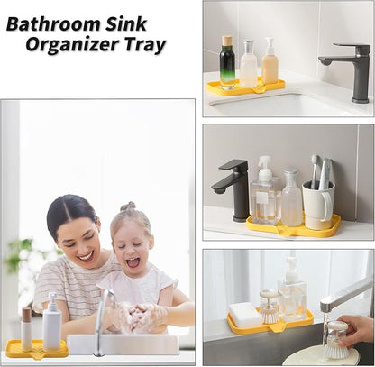 MicoYang Silicone Bathroom Soap Dishes with Drain Spout-Bathroom and Kitchen Sink Organizer,Sponge Holder,Dish Soap Tray,Perfect for Dispenser,Scrubber,Bottle,Cup on Sink or Counter-Yellow 9.6"×5.3"