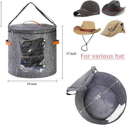 Yopay 2 Pack Hat Storage Boxes for Women, Oversized Round Travel Hat Container with Dust Proof Lid Window, Foldable Stuffed Toys Clothes Brim Hats Storage Organizer Bag Bin, Adjustable Shoulder Strap