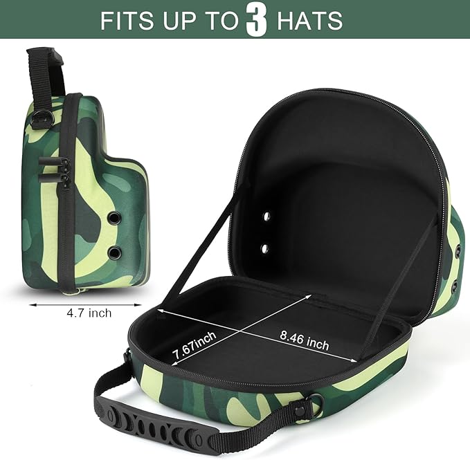 GERMUN Hard baseball hat case, Hat Carrier Travel Case with Adjustable Shoulder Strap, Hat cap case for 3 Baseball Caps - Perfect for Traveling & At-Home Storage (Camo Green)