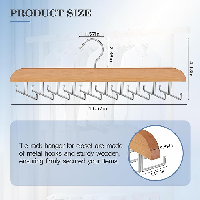 Tie Rack Hanger for Closet 20 Foldable Hooks, 2 Pack Wooden Non Slip Large Capacity Space Saving Tie and Belt Organizer with 360° Rotating Hooks for Tank Tops Bras Scarves Hat