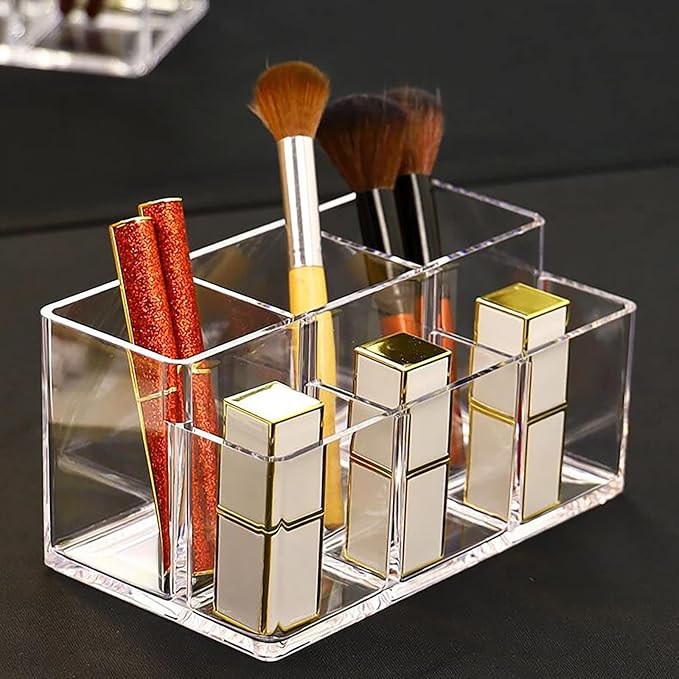 Foraineam 2 Pack Acrylic Makeup Brushes Holder with 6 Slots, Clear Pen Pencil Organizer Desktop Stationery Storage Container, Vanity Cosmetic Eyeliners Eyebrow Pencil Display Case