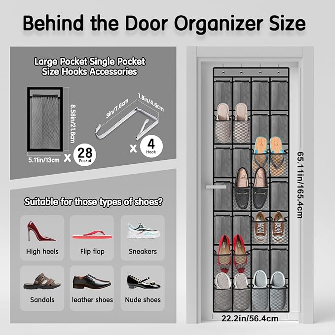 Kotkn 28 Compartment Over the Door Shoe Organizer, Breathable Mesh Large Shoe Rack for Closet Storage, Space Saving Hanging Shoe Holder with Reinforced Hooks (Fits Men & Women,Gray-01)