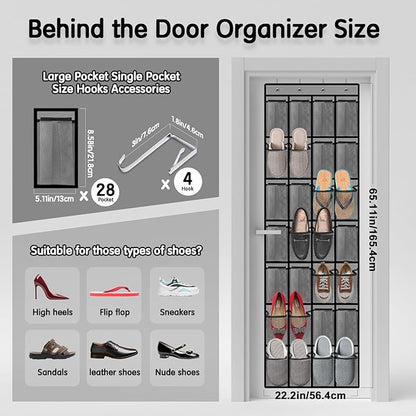Kotkn 28 Compartment Over the Door Shoe Organizer, Breathable Mesh Large Shoe Rack for Closet Storage, Space Saving Hanging Shoe Holder with Reinforced Hooks (Fits Men & Women,Gray-01)