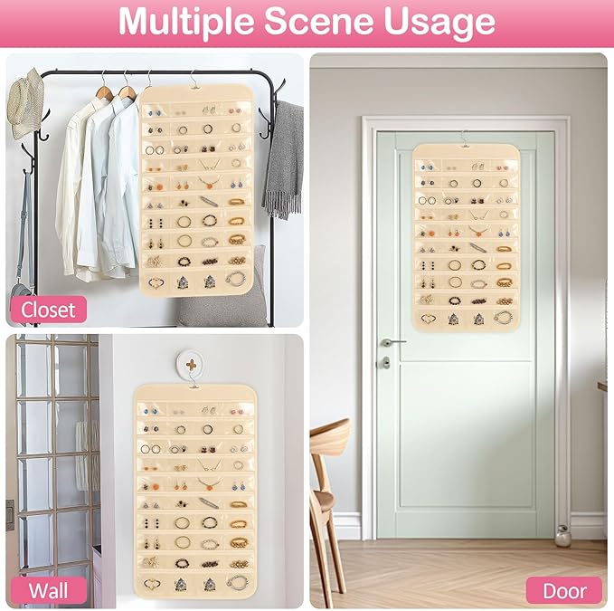 1 Pack Hanging Jewelry Organizer, 80 Clear Pockets earring organizer and storage, Accessories holder organizer for Closet, Jewelries, Necklace, Travel
