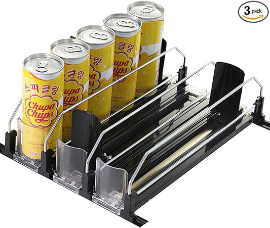 Soda organizer for Fridge, Automatic Push Drink Organizer for Refrigerator - Adjustable Width (Holds 15 Cans), Durable Beer & Drink Dispenser with Self-Pushing Glide System, Black