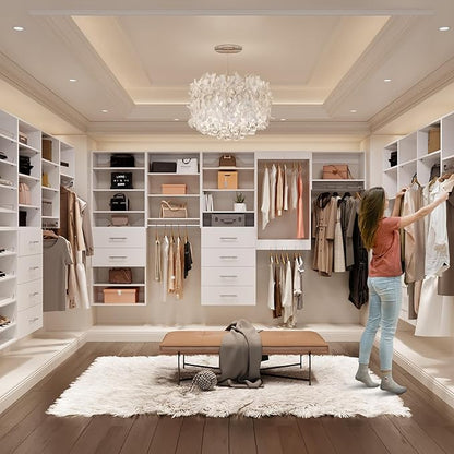 ROOMTEC Modular Closet System, 96" Closet Organizer with Hanging Rods, Wall-Mounted Wooden Tower for Walk-In Closets, Wardrobe Storage Kit, White