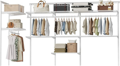Closet System Wall Mounted 4-9.5 Ft, Heavy Duty Adjustable Wire Shelving with Hanging Rod, Custom Organizer Kit for Bedroom Laundry Mudroom, White