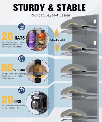 Hat Organizer for Baseball Caps 2 Pack, Hat Rack for Wall Hold up to 20 Hats with Strong Adhensive, Hats Holder Hanger Space Saving for Displlay, Cap Organizer Storage Multilayer(Grey)