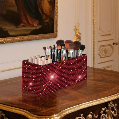 Bling Makeup Brush Holder Organizer, 3 Slot Sparkle Cosmetics Brushes Storage Holders with Shiny Rhinestones, Glitter Cute Pen and Pencil Holder for Desk, Eyeliners Display Case for Vanity（Wine Red）