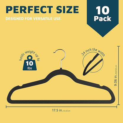 Lifemaster Velvet Clothes Hangers – With 360 Degree Swivel Hook and Non-Slip Shoulder Notch, Holds Up To 10 lbs, Heavy Duty Hanger Set, For Organizing Suit, Dress, Coat, and Clothes, Pack of 10, Black