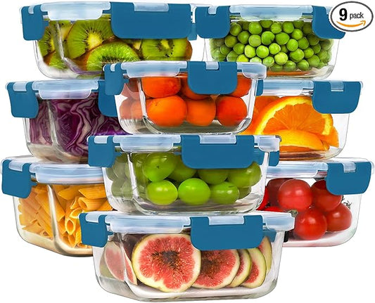 HOMBERKING Glass Food Storage Containers with Lids, [18 Piece] Glass Meal Prep Containers, Airtight Lunch Bento Boxes, BPA-Free & Leak Proof (9 lids & 9 Containers) - Deep Blue