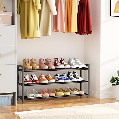 Expandable Shoe Rack for Small Spaces, Adjustable Width 18.5"–33", 3-Tier Sturdy Metal Shoe Organizer for Entryway, Closet, Bedroom Garage Dorm, Free Standing Shoe Organizer 12 Pairs with Hooks, Black
