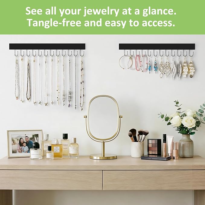 Jewelry Organizer Wall Mounted 2 Pack, Wooden Necklace Holder Wall Hanger with 24 Hooks for Hanging Necklaces and Jewelry Storage, Black