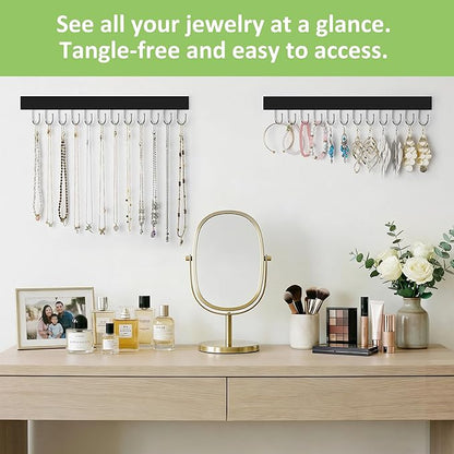 Jewelry Organizer Wall Mounted 2 Pack, Wooden Necklace Holder Wall Hanger with 24 Hooks for Hanging Necklaces and Jewelry Storage, Black