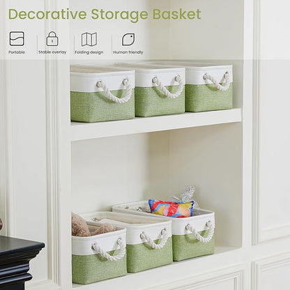 Storage Baskets for Shelves 11.8x7.9x5.2 Inch, Foldable Fabric Storage Bins with Handles, Small Storage Baskets for Organizing Closet, Office, Home Organization (6-Pack, White&Green)
