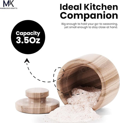 MARBLOUS KRAFTS Marble Salt Cellar 3" Inch Brown Salt Holder with Lid for Spice Jar & Stone Salt Container, Modern Sugar Bowl, Countertop Storage, Ideal Mother’s Day Gift, Home Decor
