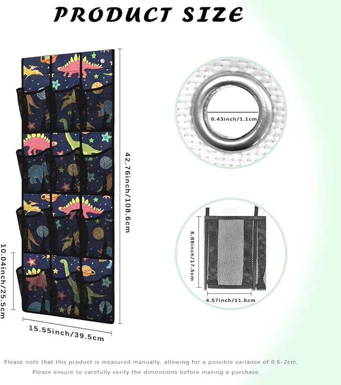 Over The Door Organizer with 12 Mesh Pockets Foldable Hanging Closet Storage Sundries Stuffed Animal Storage with 2 Metal Hooks,Cute Dinosaur