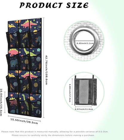 Over The Door Organizer with 12 Mesh Pockets Foldable Hanging Closet Storage Sundries Stuffed Animal Storage with 2 Metal Hooks,Cute Dinosaur