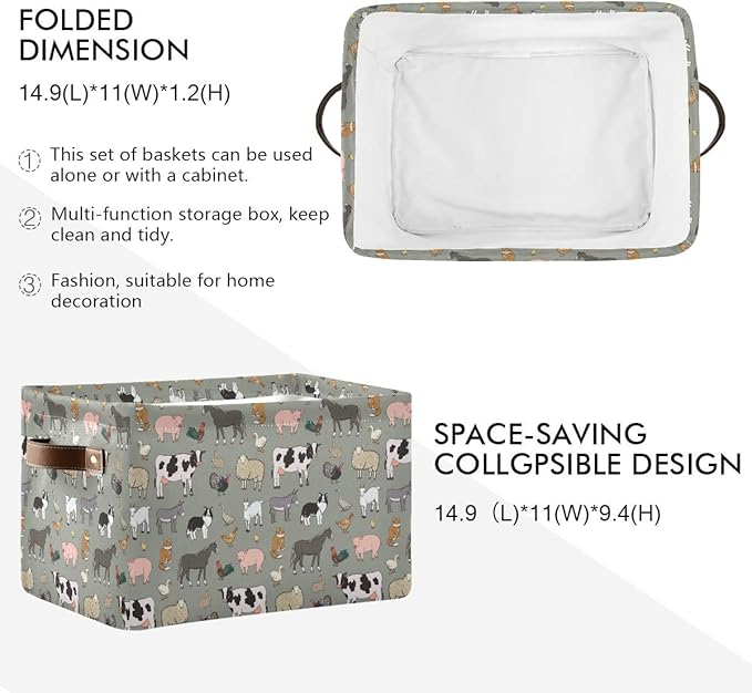 Farm Animals Pattern Rectangle Storage Bin, 15 x 11 x 9.5 in, Collapsible Organizer Storage Basket for Home Décor