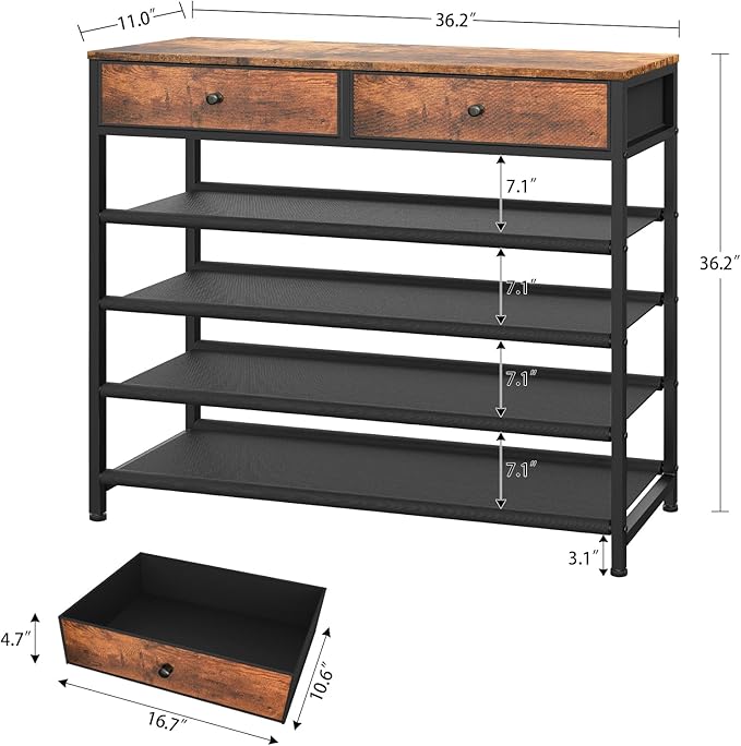 usikey Shoe Rack, 5 Tier Shoe Storage Organizer with 2 Drawers, Metal Shoe Shelf for 16-20 Pairs of Shoes, with 4 Oxford Fabric Shelves and Wooden Top, Shoe Stand for Closet, Rustic Brown UNYXJX009F