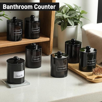 3 Pack Acrylic Qtip Holder Dispenser for Cotton Swabs, Balls, Pads, Floss Picks- Clear Plastic Canister Apothecary Jar Set, Bathroom Essentials Accessories Decor Vanity Makeup Storage Organizer -Black