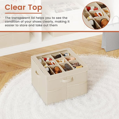 PHINOX Shoe Organizer for Closet, Fits 12-24 Pairs, Shoe Storage Bins with Clear Cover and Reinforced Handles, Foldable Shoe Storage Organizer, Space Saving Shoe Holder for Wardrobe, 2 Pack Beige