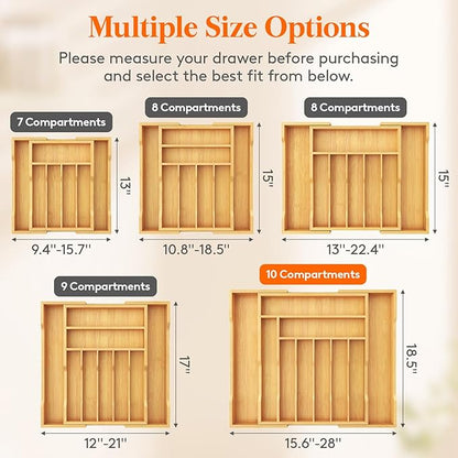 Lifewit Silverware Drawer Organizer, Expandable Utensil Tray for Kitchen, Flatware and Cutlery Holder, Wood Adjustable Storage for Spoons Forks Knives, 17-28 x 18.5, Natural
