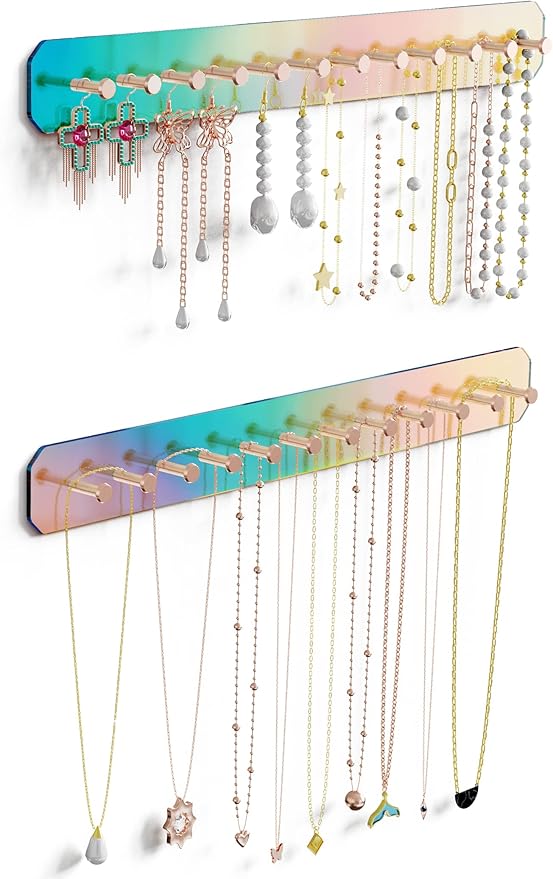NiHome Wall Mount Acrylic Jewelry Organizer 2-Pack, Durable Sleek Rack Strong Carbon Steel Hooks for Dressing Table, Bathroom, Kitchen, Hassle-Free Installation Multiple Mounting Options (Iridescent)