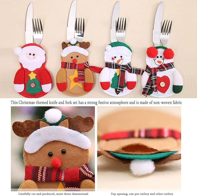 12Pcs Christmas Cutlery Bag Cute Snowman Silverware Tableware Holder Knife Fork Bag Pouch Decor for Christmas Party Dinner Table Decor
