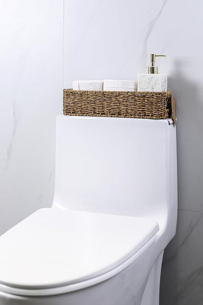Small Wicker Basket for Toilet: Waterproof Storage Basket Organizing Over Tank Topper Tan 2pack