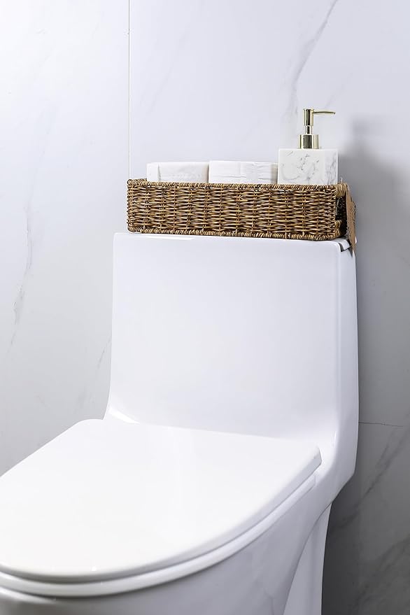 Resin Wicker Toilet Paper Basket: Water-Resistant Handmade Organizer - Natural Tan for Organic Back of Toilet Tank top & Scandinavian Kitchens 1pack